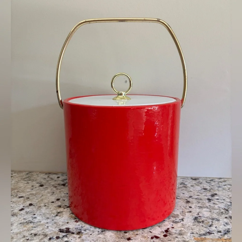 Vintage Mid-Century Bright Red Ice Bucket Barware USA Retro Mod Gold Handle